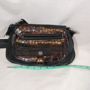 Brighton Crossbody Bag; Black Pebbled & Brown Croc-Embossed Leather
